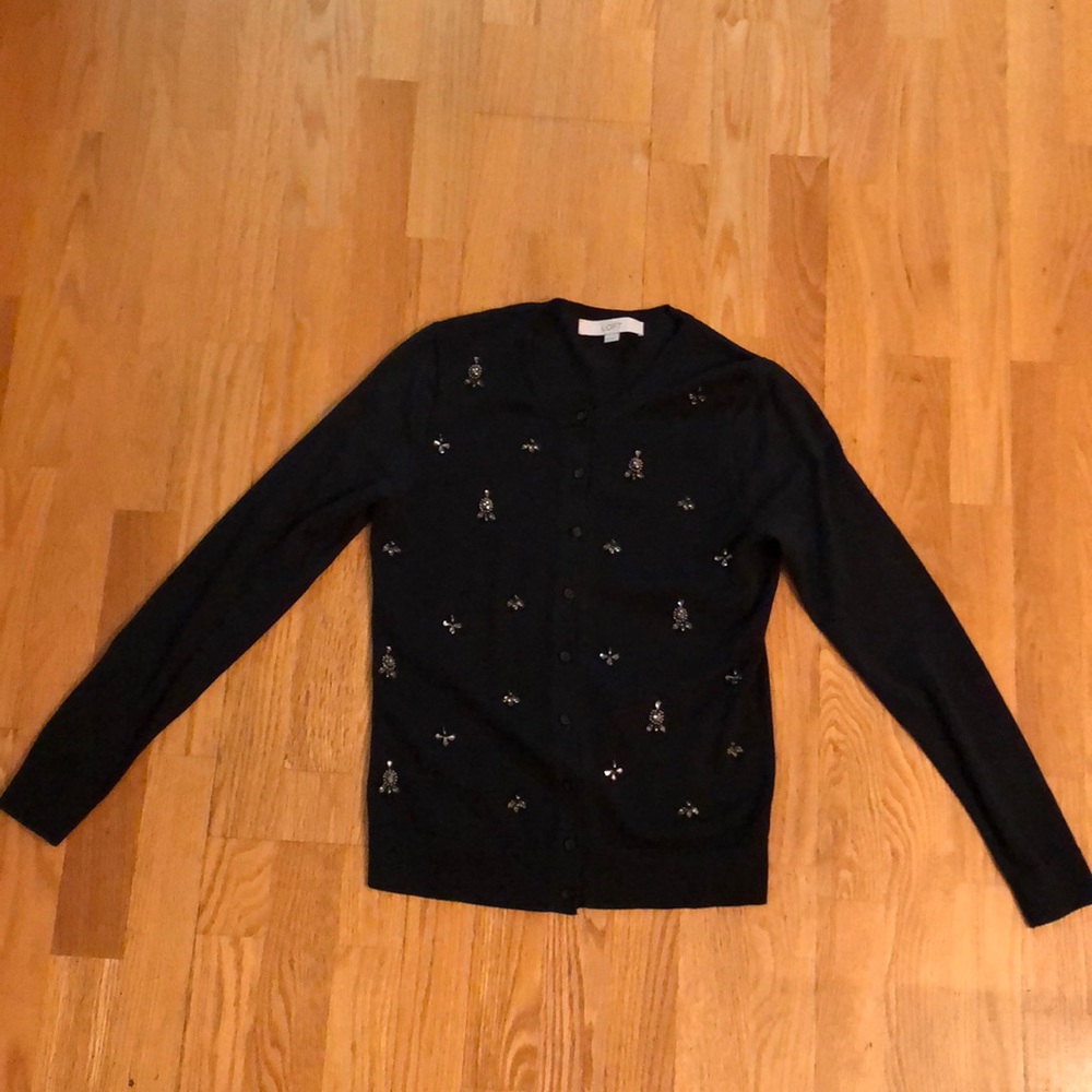 Loft Dark Green Jeweled Cardigan, XS